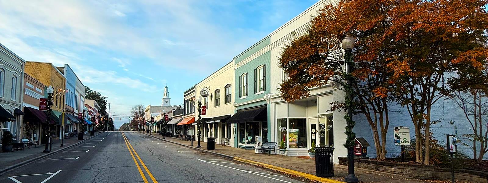 Salem Street in downtown Apex, NC in the fall